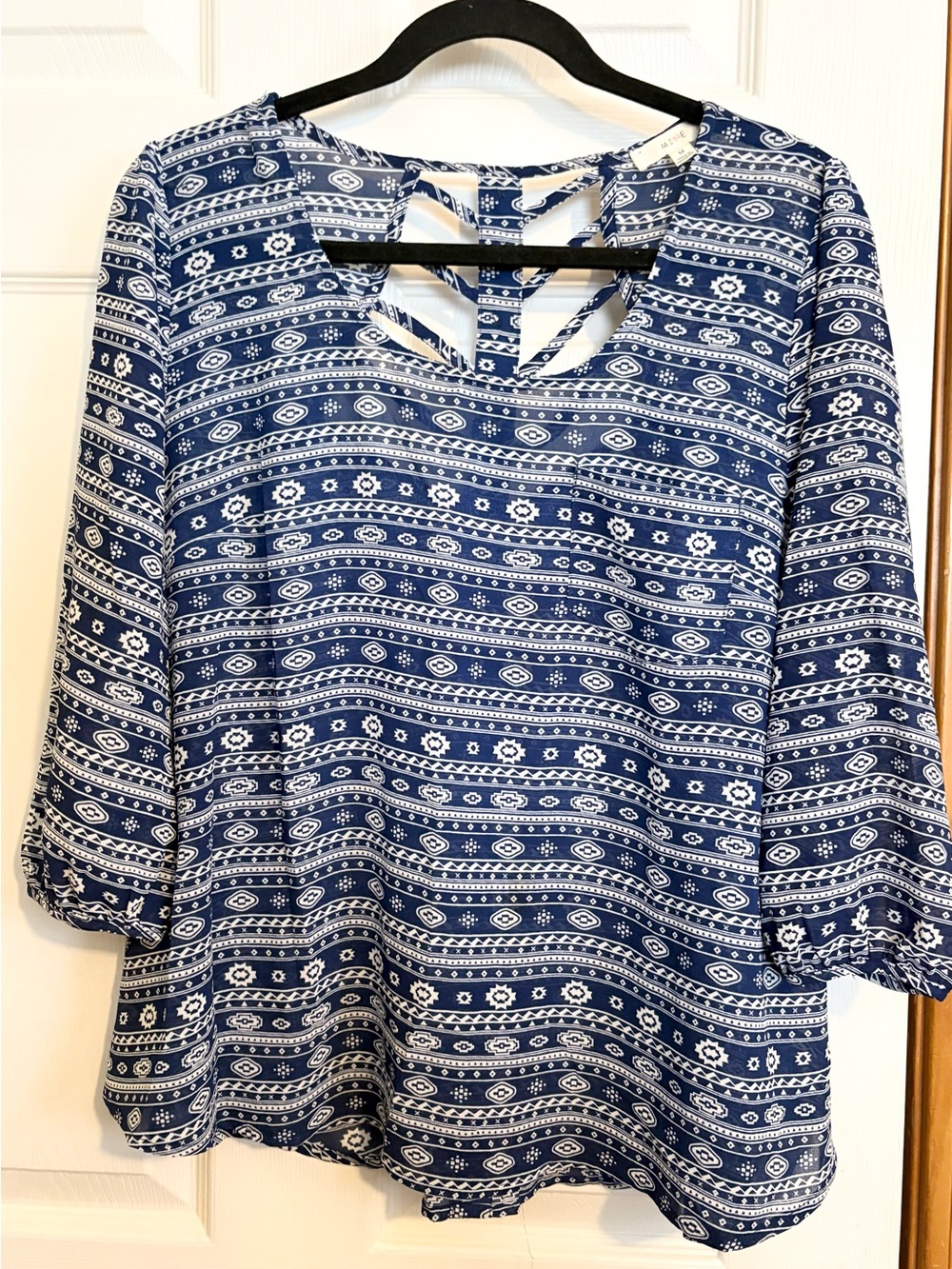mine Blue and White Patterned Blouse with Ladder Back
